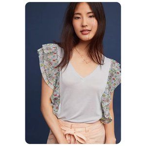 Anthropologie Vanessa Virginia Gray Pleated Floral Flutter Sleeve V-Neck Top